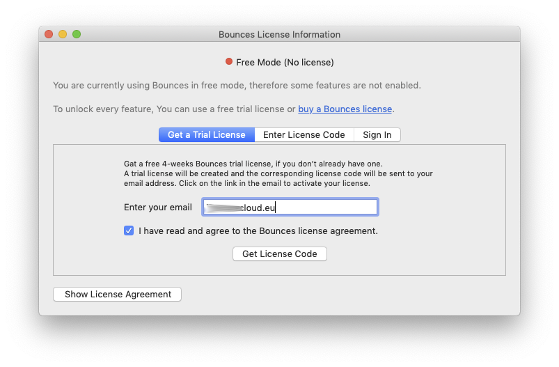 Bounces License Information window