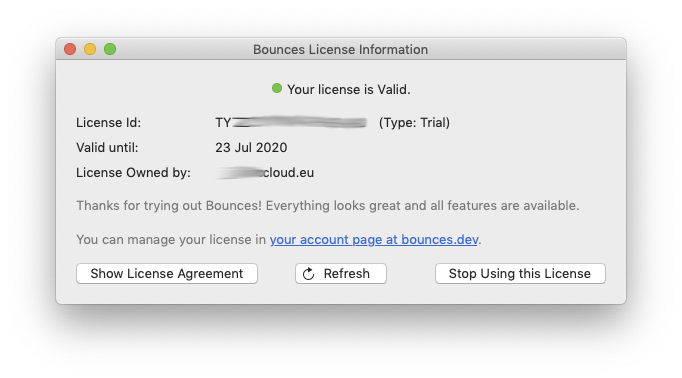 Bounces License Information window